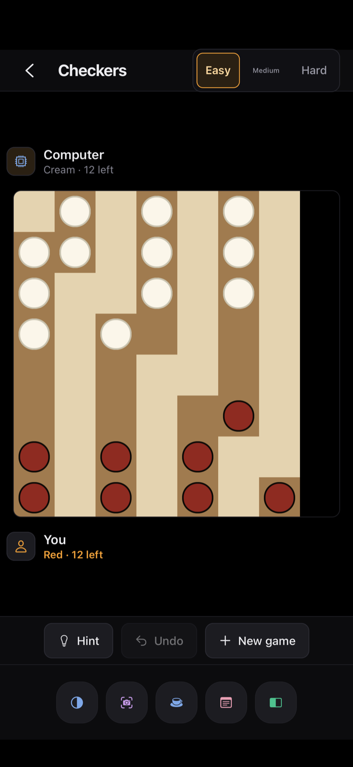 Checkers against the computer — your red pieces against the computer's cream ones.