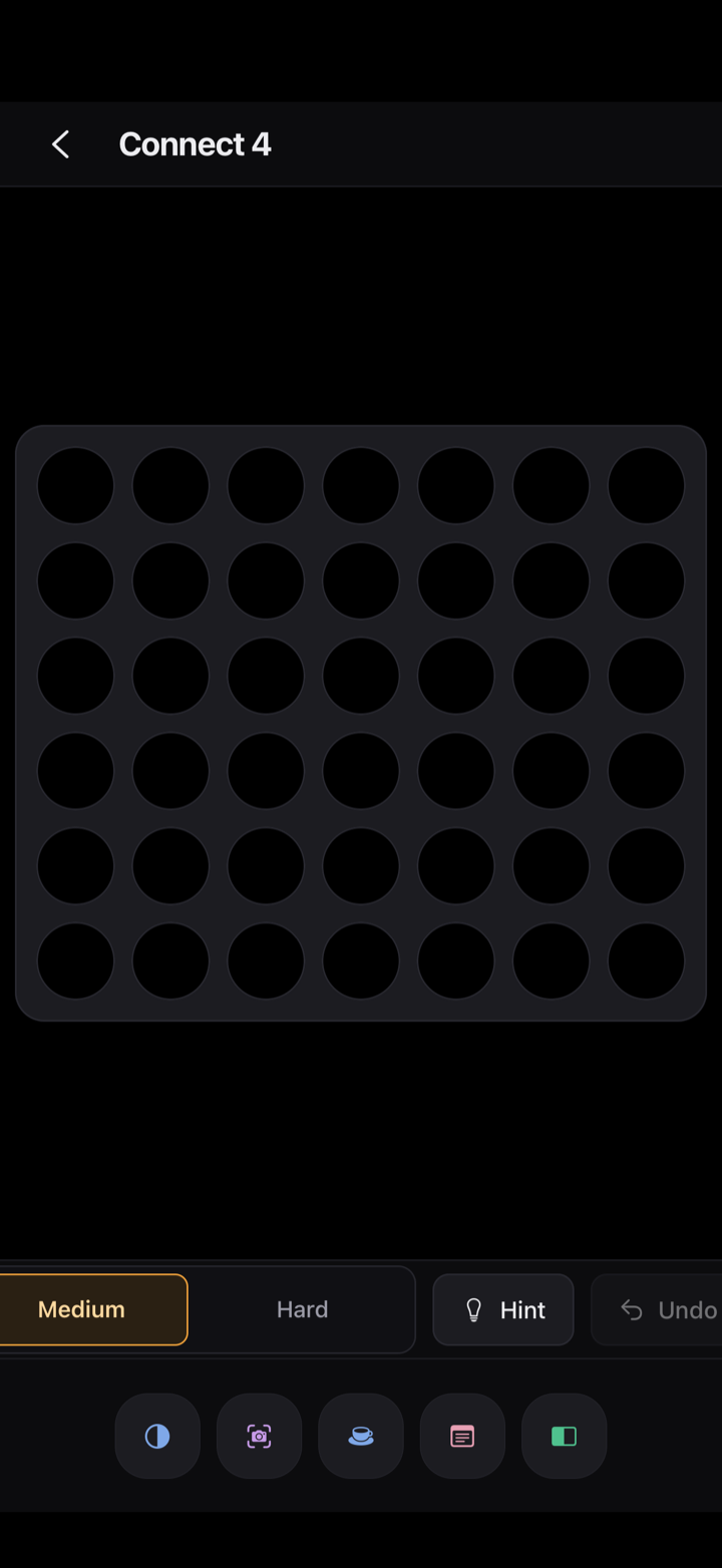 Connect 4 against the computer, with a difficulty picker, a hint and an undo.