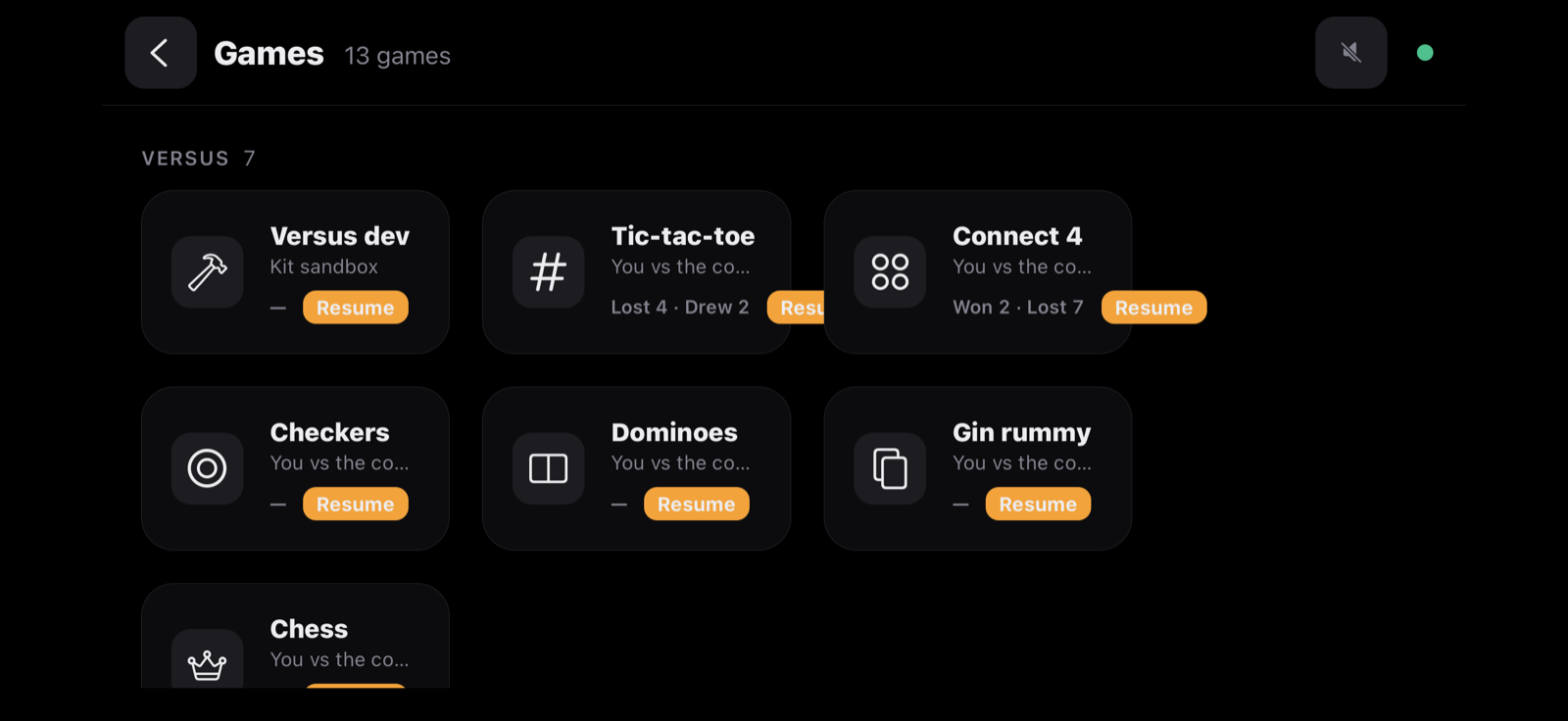 The Games list on iPhone — tic-tac-toe, Connect 4, checkers, dominoes, gin rummy and chess, each you versus the computer, with your record so far.