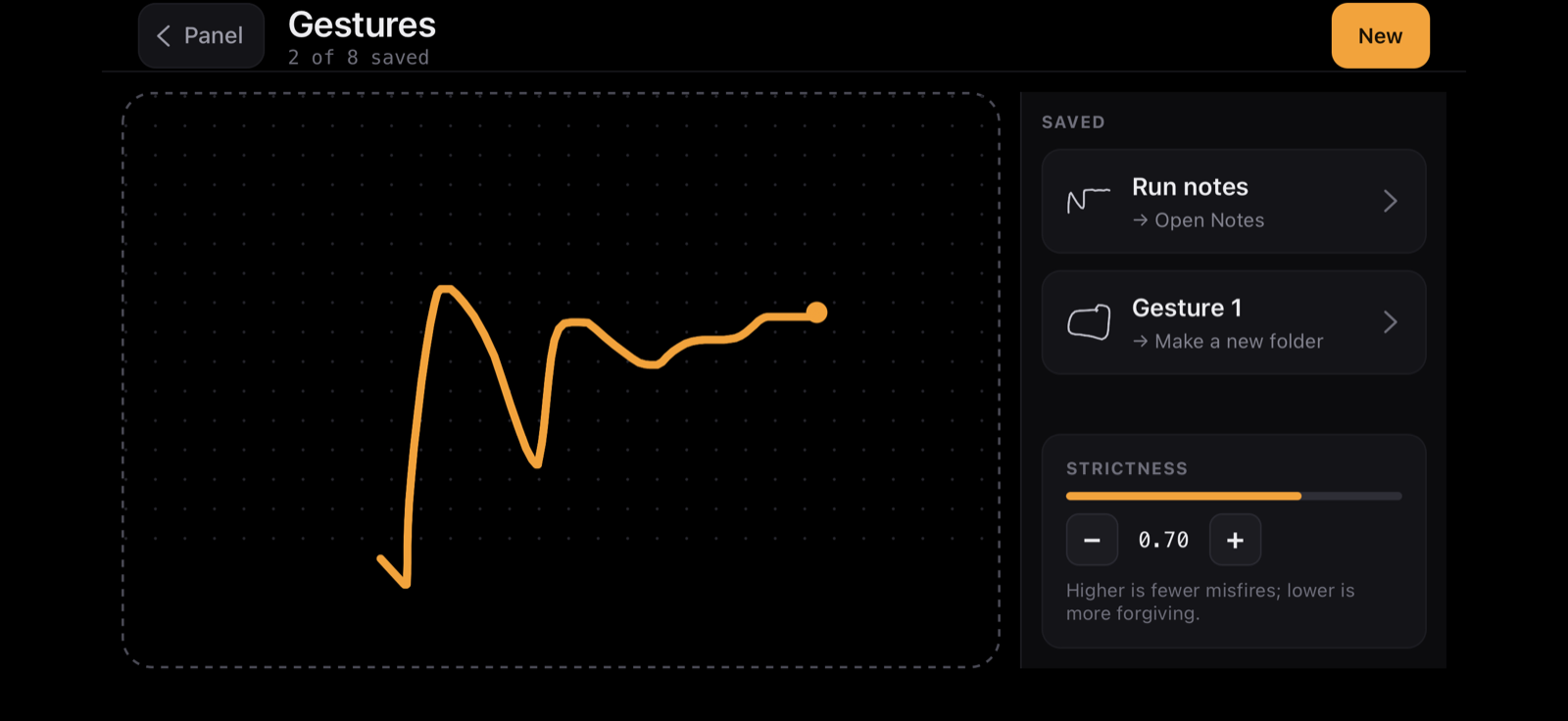 Recording a gesture on the Gestures screen — drawing the shape on the grid, with the saved gestures and a strictness slider alongside.