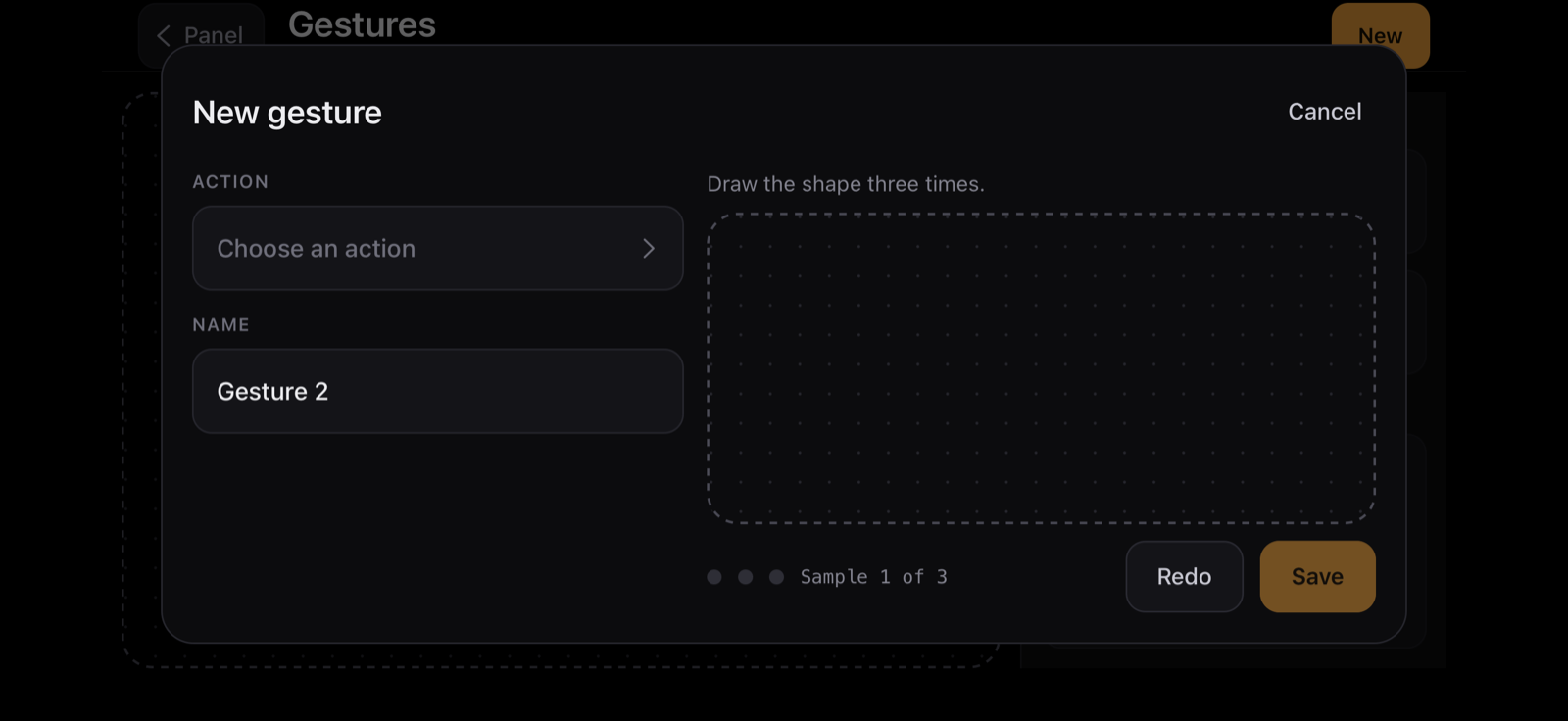 The new-gesture sheet: choose an action, name the gesture, and draw the shape three times.